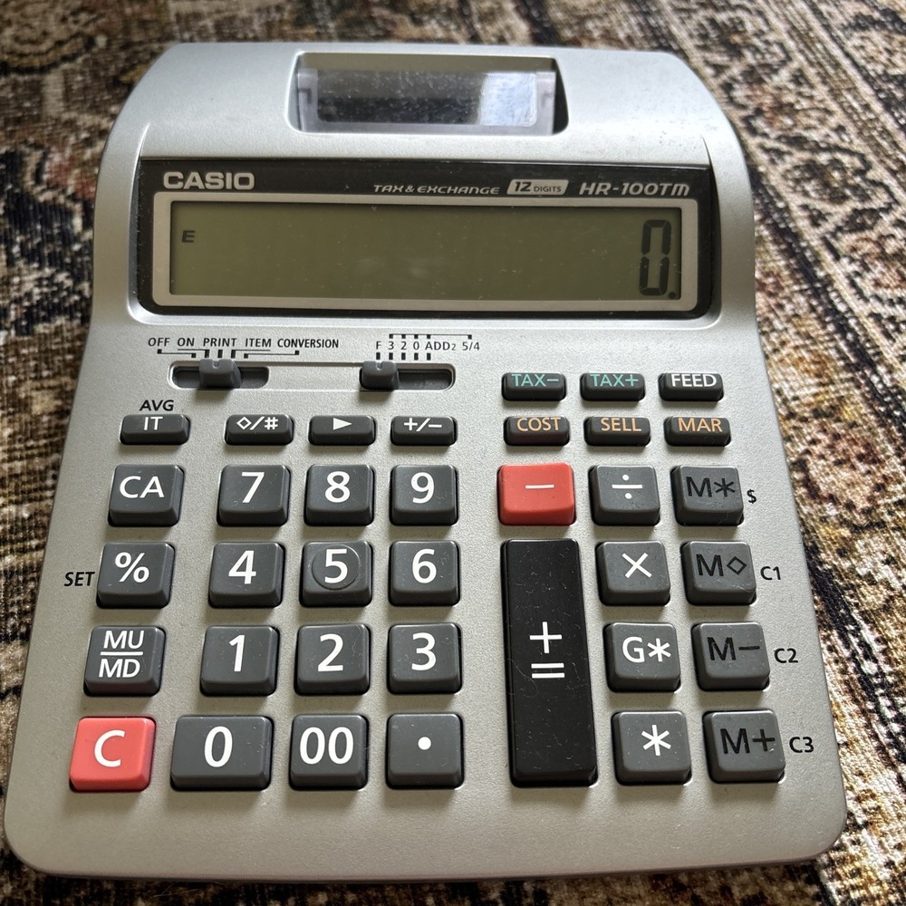 Casio HR-100TM 12 Digits Tax & Exchange Printing Calculator - Works No Cord